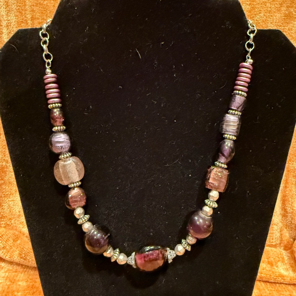 Purple Glass and Silver Toned Beaded Necklace - Picture 2 of 7